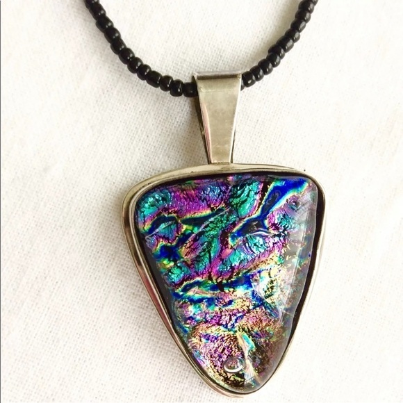 DICHROIC GLASS TRIANGLE STERLING SILVER PENDANT BEAD DESIGNER SIGNED NEC…